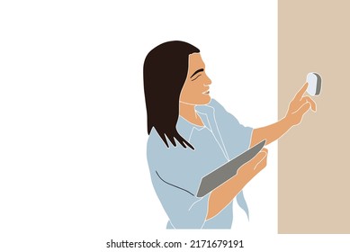 Portrait of woman using smart home device to change temperature. Vector illustration in pastel tones