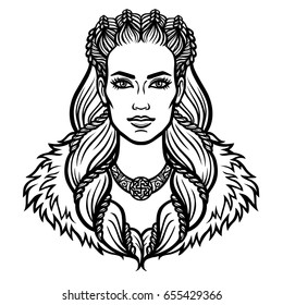 Portrait of the woman of the Valkyrie. Linear drawing. Vector illustration isolated on a white background.