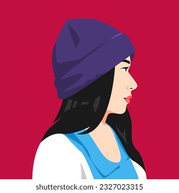 portrait of a woman wearing a beanie with a long straight hairstyle. side view. suitable for avatar, social media profile, print, etc. flat vector graphics.