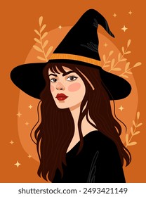 Portrait of a woman wearing a black witch hat and a black dress. Witch, sorceress. Cartoon vector illustration. Halloween, samhain. Orange background. Brunette with brown eyes.