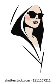 Portrait of a woman wearing butterfly sunglasses, face under hood. Fashion sketch. Vector image. Eps 10.