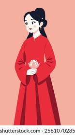 Portrait of a woman wearing a red ao dai, holding a lotus flower