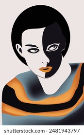 A portrait of a woman wearing a striped shirt is featured.