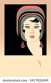 A portrait of a woman wearing a stylish close-fitting hat and matching earrings is featured.