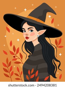 Portrait of a woman wearing in a witch hat and a black sweater. Witch, sorceress. Halloween, samhain. Elf, fairy. Autumn october leaves. Orange background.