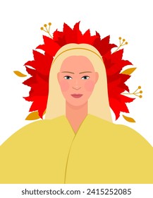 Portrait of a woman in a wreath of tulips isolated on a white background. Vector illustration.