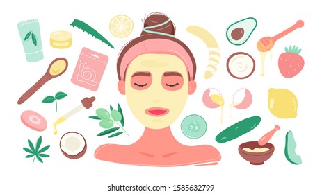 Portrait of woman in yellow facial mask surrounded by various food products for making DIY homemade masks. Close up view. Flat trendy hand drawn style. Face mask ingredient set.