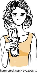 
Portrait of a woman. Young woman with bob haircut eats shawarma. Idea for a fast food cafe and doner kebab. Hand drawn sketch.