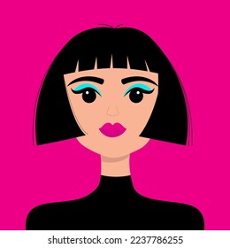 Retrato de mujer. Cara de chica joven. Mujer hermosa. Frente. Brunette bob corte el peinado. Cabello negro. Avatar para las redes sociales. maquillaje de los ojos de lápiz labial. Diseño plano. Fondo rosa. Vector