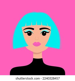 Portrait of woman. Young girl face. Beautiful lady, female. Front view. Bob cut hairstyle. Blue hair. Avatar for social networks. Lipstick eyeshadow makeup. Flat design. Pink background. Vector