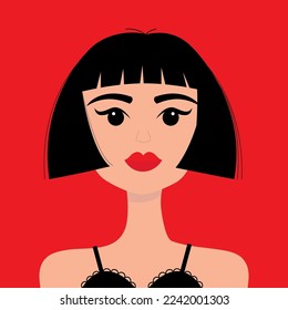Portrait of woman. Young girl face. Beautiful lady, female. Brunette bob cut hairstyle. Black hair. Red lipstick makeup. Avatar for social networks. Front view. Flat design. Red background. Vector
