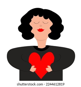 Portrait of woman. Young girl face. Beautiful lady, female holding heart. Brunette hairstyle. Black hair. Avatar for social networks. Cute cartoon funny character. Flat design. White background Vector