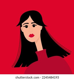 Portrait of woman. Young girl face. Beautiful lady, female. Brunette hairstyle. Black long hair. Avatar for social networks. Red lipstick makeup. Flat design. Red background. Vector