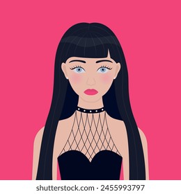 Portrait of woman. Young girl modern face. Black long hair with bangs. Blue eyes. Beautiful lady, female. Front view. Avatar for social networks. Flat design. Pink background. Vector illustration