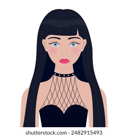 Portrait of woman. Young girl modern face. Black long hair with bangs. Beautiful lady, female. Front view. Avatar for social networks. Pink lipstick makeup. Flat design. White background. Vector