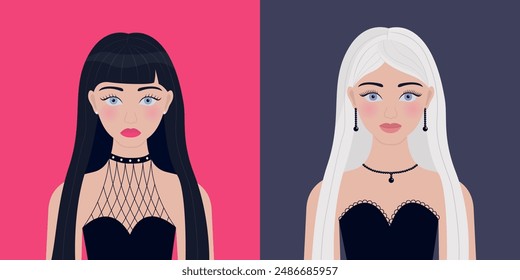 Portrait of woman. Young girl modern face set. Black White Blond long hair with bangs. Blue eyes. Beautiful lady, female. Front view. Avatar for social networks. Flat design. Pink background. Vector