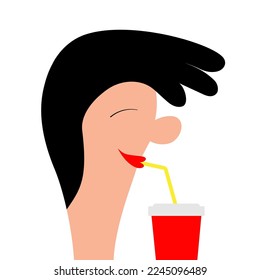 Portrait of woman. Young girl profile smiling face drink soda glass straw. Funny lady, female. Black hair. Avatar for social networks. Cute cartoon character. Flat design. White background. Vector