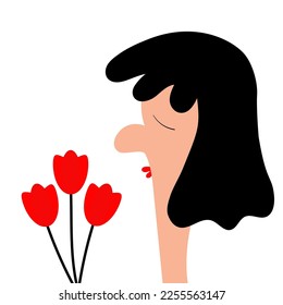Portrait of woman. Young girl profile face. Funny lady, female. Red tulip flower. Black hair. Avatar for social networks. Cute cartoon character. Flat design. White background. Vector illustration