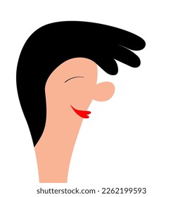 Portrait of woman. Young girl profile smiling face. Beautiful lady, female. Brunette hairstyle. Black hair. Avatar for social networks. Cute cartoon funny character Flat design White background Vector