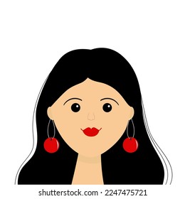 Portrait of woman. Young girl teen face. Beautiful lady, female. Brunette hairstyle. Black long hair. Red earrings. Avatar for social networks. Red lipstick makeup. Flat design White background Vector