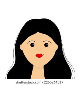 Portrait of woman. Young girl teen face. Beautiful lady, female. Brunette hairstyle. Black long hair. Avatar for social networks. Red lipstick makeup. Flat design. White background Vector illustration