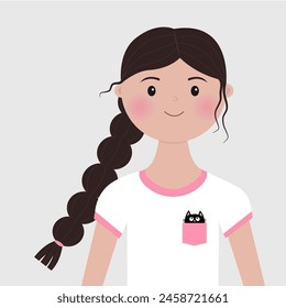 Retrato de mujer. Cara de niña pequeña. Peinado moreno. Pelo negro de coleta. Hermosa dama, mujer. Avatar para redes sociales. Lindo personaje de dibujos animados. Diseño plano. Fondo blanco. Vector