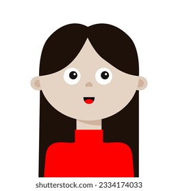 Portrait of woman. Young little kid girl face. Black hair. Lady, female. Brunette hairstyle. Social networks avatar. Business activities. Cute cartoon character. Flat design. White background. Vector