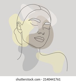 Retrato. Cara de mujer y manchas de color. Una línea continua de un retrato de una niña. Concepto de moda, impresión femenina lineal.