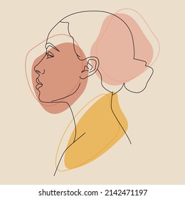 Retrato. Cara de mujer y manchas de color. Una línea continua de un retrato de una niña. Concepto de moda, impresión femenina lineal.
