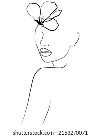 Portrait. A woman's face and colored spots. A continuous line of a portrait of a girl. Fashion concept, linear female print.