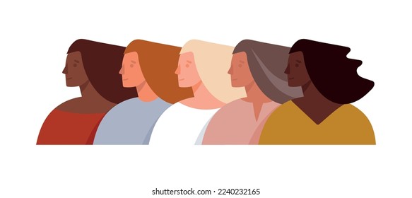 Portrait of women of different nationalities and ages, sisterhood, girl strength, March 8, female friendship and support. Flat illustration isolated on white background.