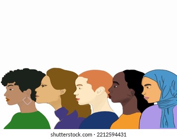 portrait of women diversity with different hair, skin color, nationality and cultures together. female empowerment movement. Feminism concept. Vector illustration design 