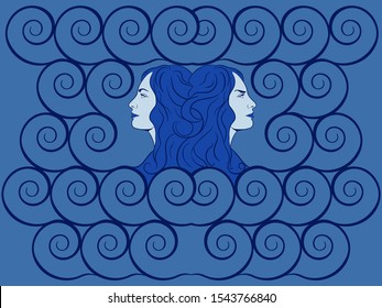 Portrait. Women in the image of a two-faced Janus. Sea goddess. Vector illustration