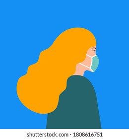 Portrait Of A Women In Medical Facemask Flat Style. Vector Illustration