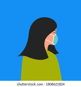 Portrait Of A Women In Medical Facemask Flat Style. Vector Illustration