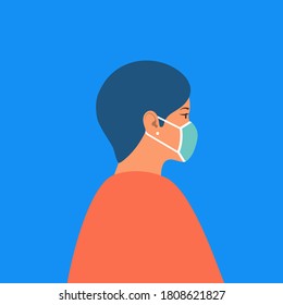 Portrait Of A Women In Medical Facemask Flat Style. Vector Illustration