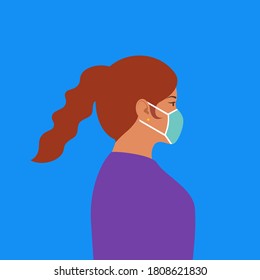 Portrait Of A Women In Medical Facemask Flat Style. Vector Illustration