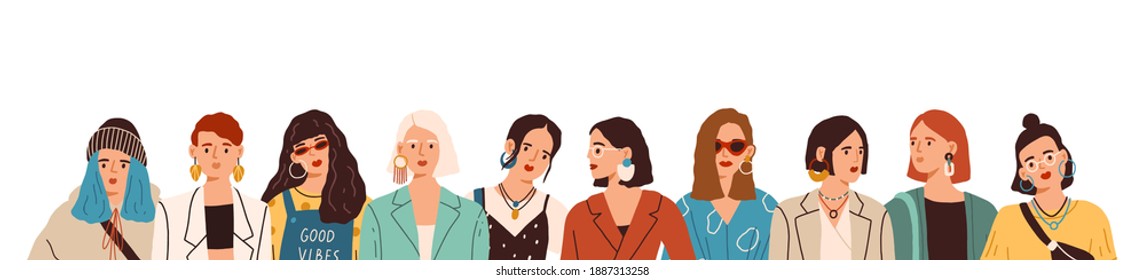 Portrait of women in stylish clothes and accessories standing together vector flat illustration. Fashionable female characters in trendy clothes. Group of trendsetters in stylish apparel