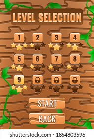 Portrait wooden nature game ui level selection interface for gui asset elements vector illustration