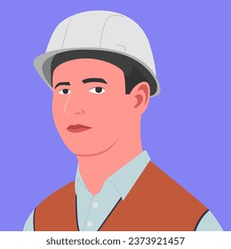Portrait of worker man, illustration, flat vector on color background.