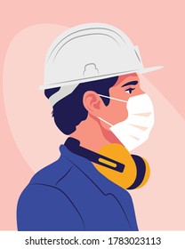 Portrait of a worker with protection equipment. Man. Vector flat illustration. 