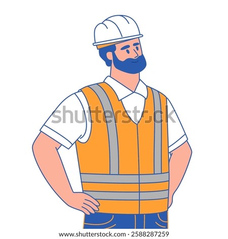 Portrait of a worker in a white helmet and orange vest, hands on hips. Vector illustration isolated on the back ground