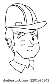Portrait of worker with winking gesture, freckles and hard hat. Design in outlines for coloring.
