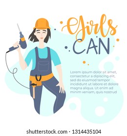 Portrait of worker woman holding a drill in one hand. girls can feminism. Vector flat cartoon illustration