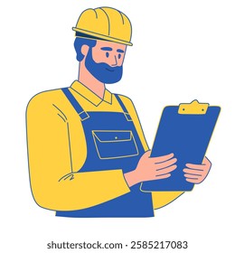 Portrait of a worker in a yellow helmet and blue overalls with a clipboard in his hands. Vector illustration isolated on white background