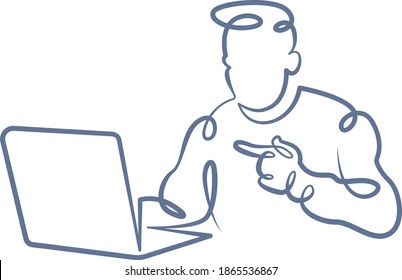 Portrait of a working man at a computer laptop. One line continuous thick bold single drawn art doodle isolated hand drawn outline logo illustration.
