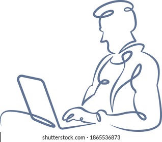 Portrait of a working man at a computer laptop. One line continuous thick bold single drawn art doodle isolated hand drawn outline logo illustration.