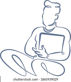 Portrait of a working man at a computer laptop. One line continuous thick bold single drawn art doodle isolated hand drawn outline logo illustration.