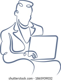 Portrait of a working man at a computer laptop. One line continuous thick bold single drawn art doodle isolated hand drawn outline logo illustration.