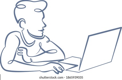 Portrait of a working man at a computer laptop. One line continuous thick bold single drawn art doodle isolated hand drawn outline logo illustration.